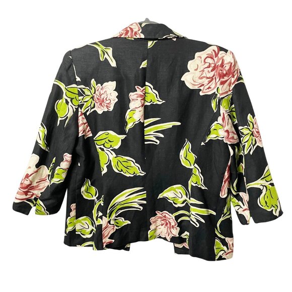 Bob Mackie Black Floral Open Front Linen Blend 3/4 Sleeve Blazer Women’s Size 6 - Picture 2 of 8